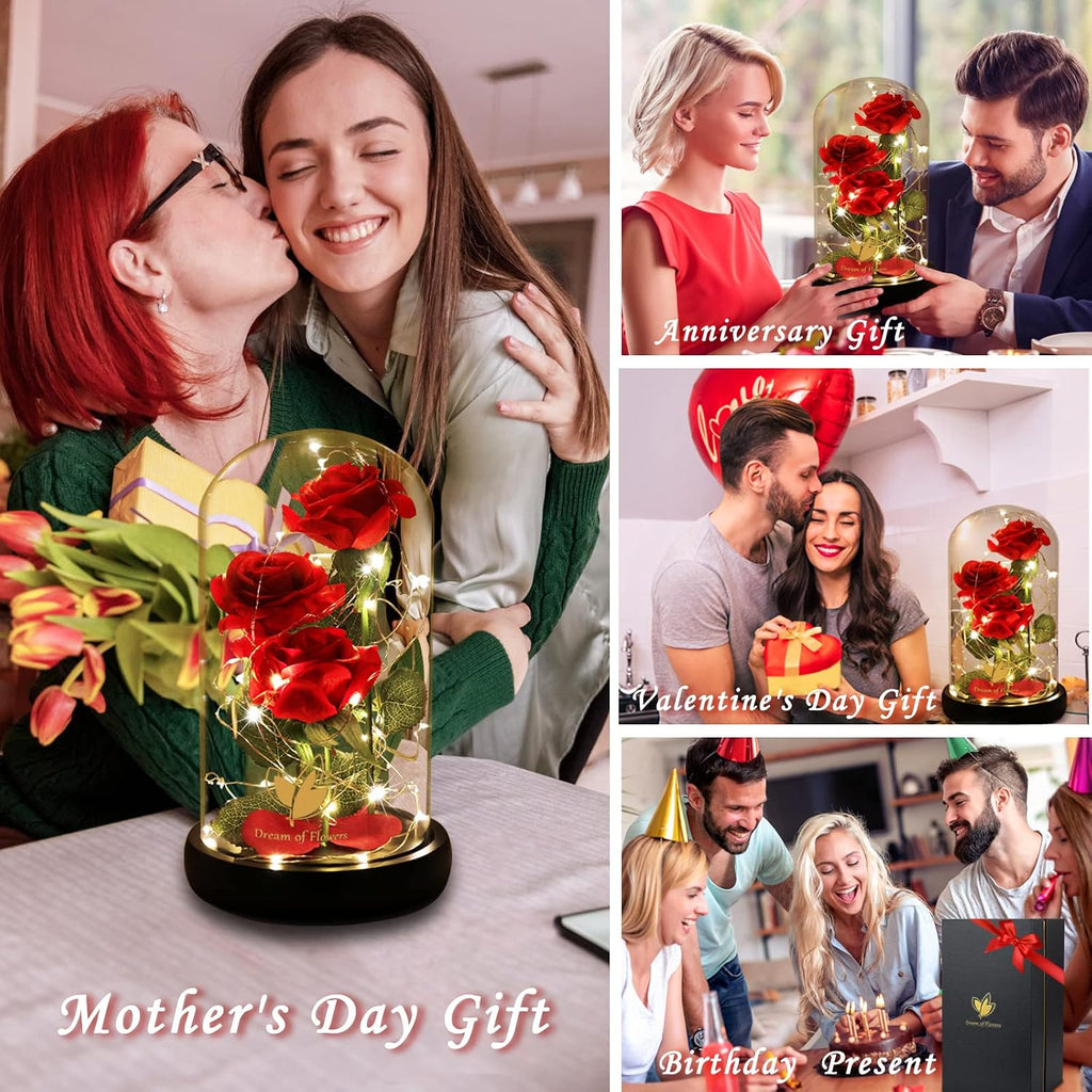 Beauty & the Beast Preserved Red Rose in Glass Dome with LED Gift Box