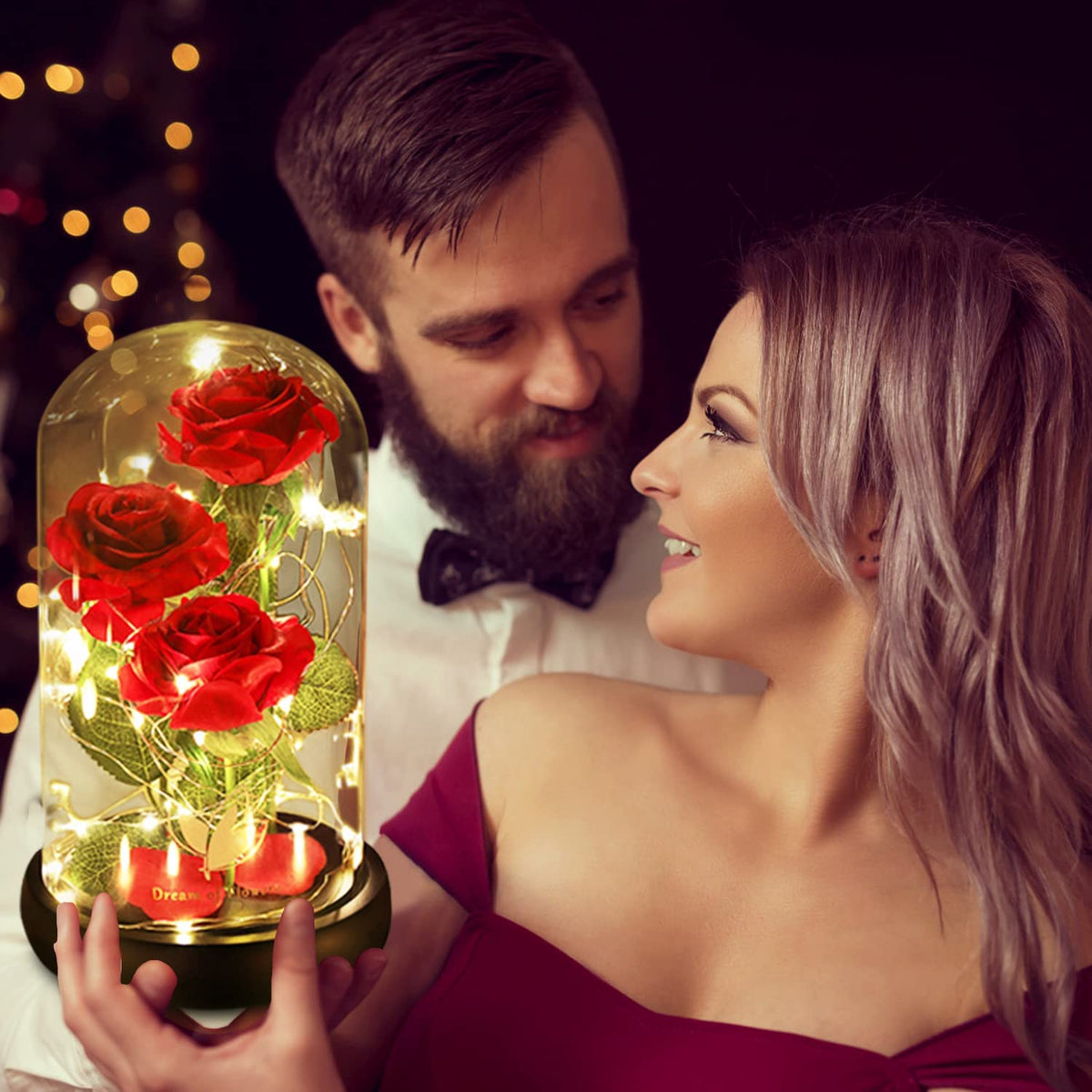Beauty & the Beast Preserved Red Rose in Glass Dome with LED Gift Box