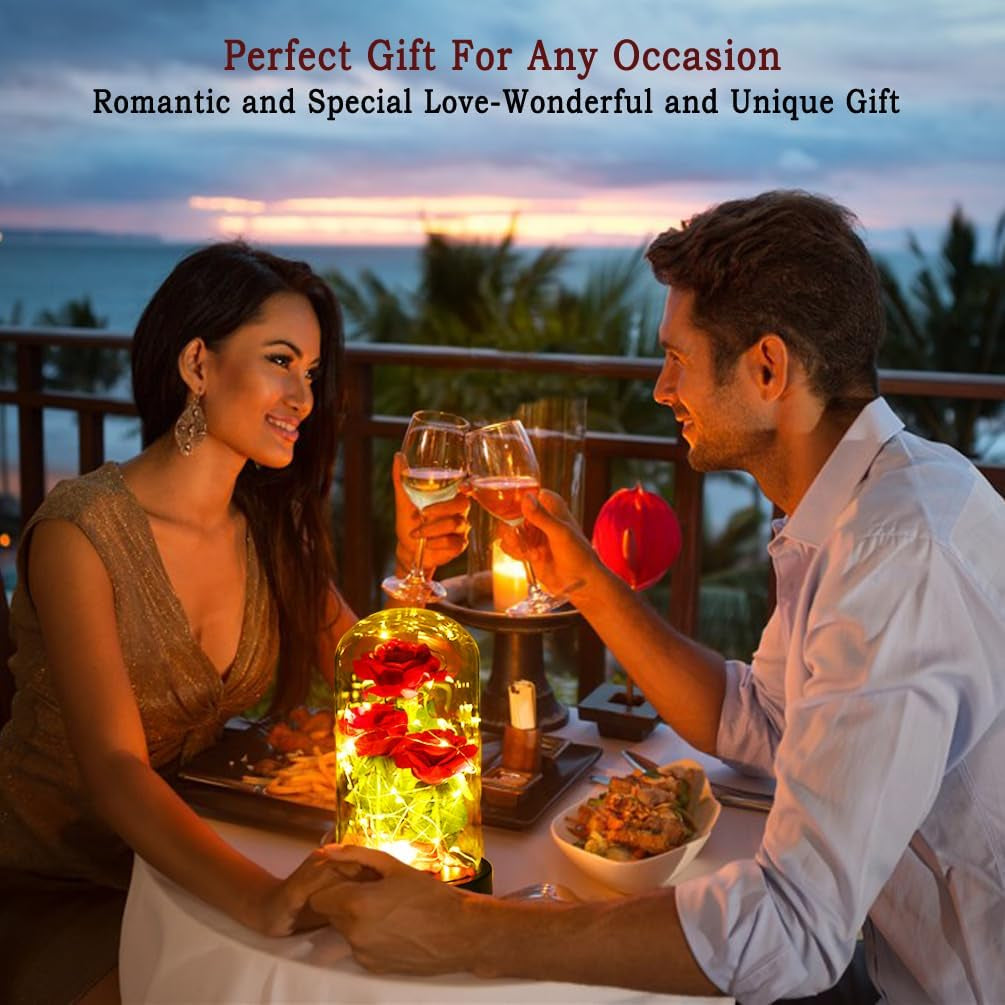 Beauty & the Beast Preserved Red Rose in Glass Dome with LED Gift Box