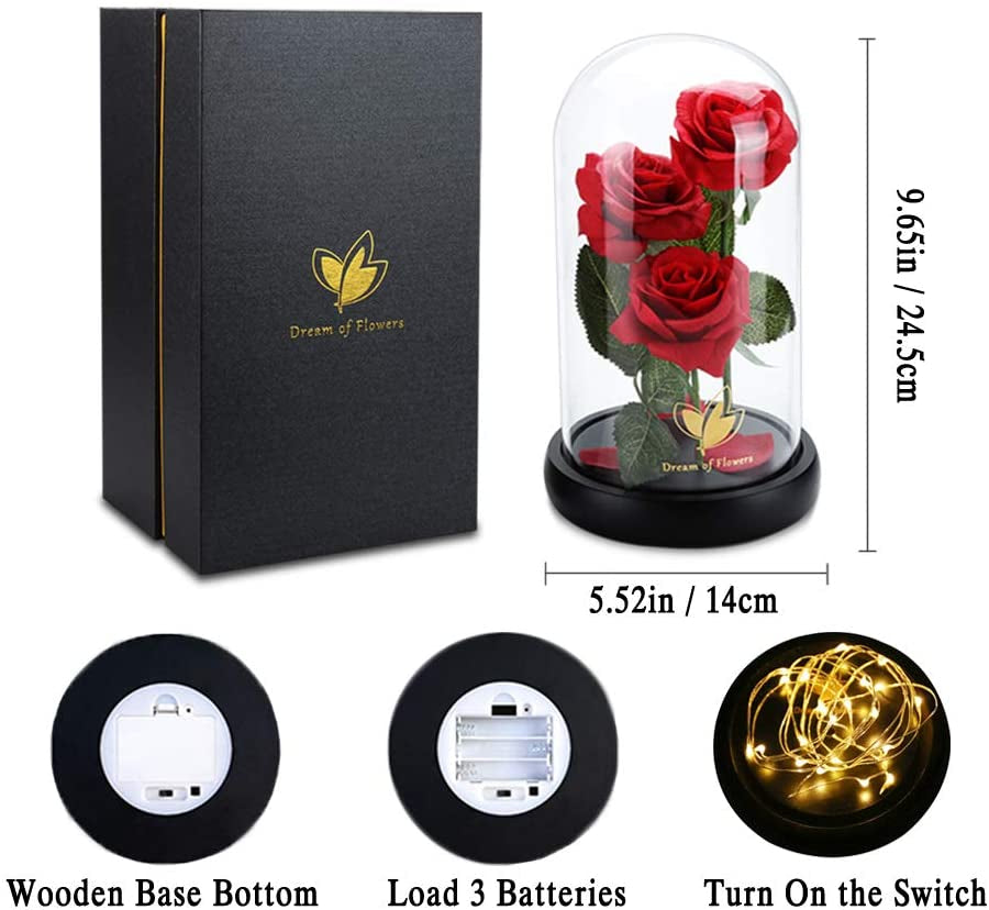 Beauty & the Beast Preserved Red Rose in Glass Dome with LED Gift Box